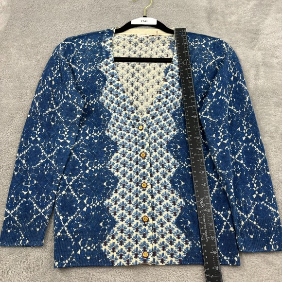 Tory Burch 100% Wool Cardigan Sweater Womens XS Blue Geometric Old Money Classic - Picture 12 of 16